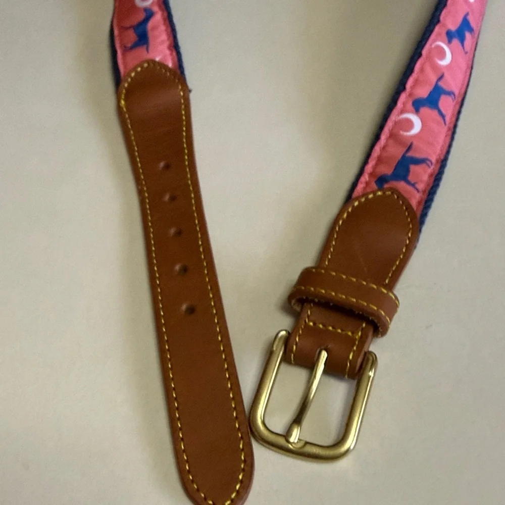 Simply Southern Men’s 34 Navy Belt with Coral Ribbon of Blue Retrievers